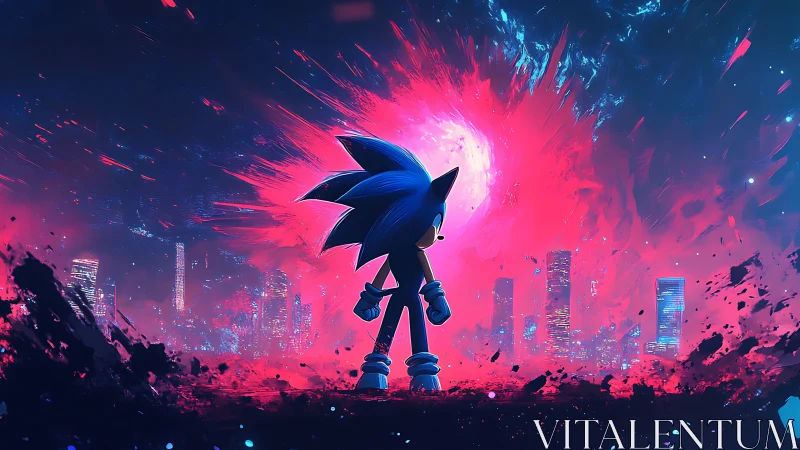 Blue hedgehog hero faces neon city under exploding sky