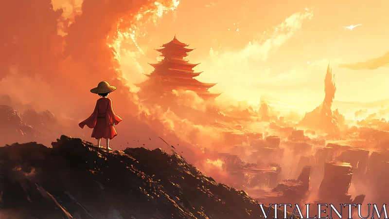 Wanderer in ember skies before the distant floating temple.