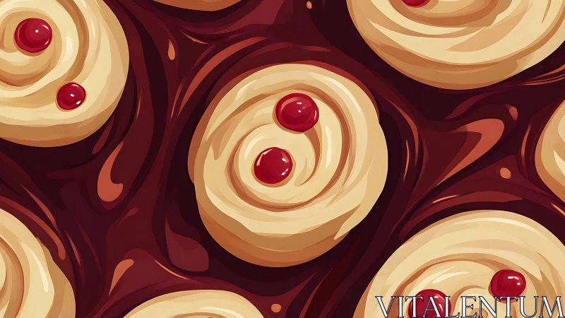 Swirled pastry-like circles with red dots repeat over brown