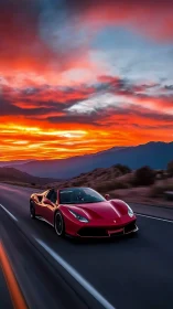Red convertible sports car moves along highway at sunset