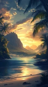 Tropical mountain coast under glowing sunset sky.