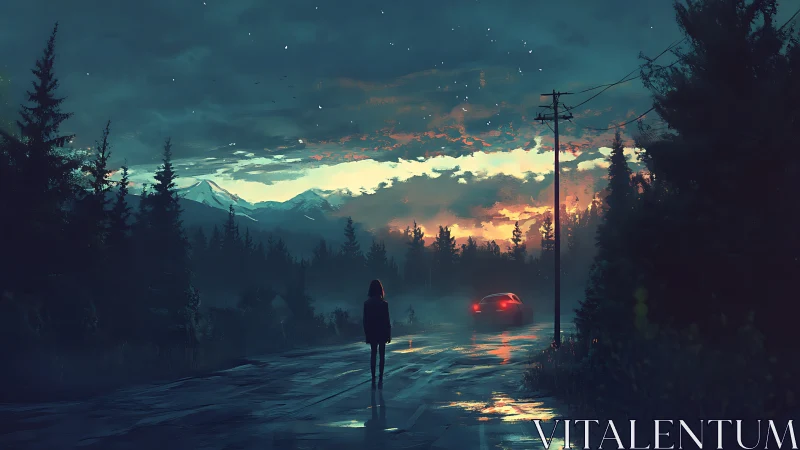 Solitary figure on misty forest road at neon dusk.