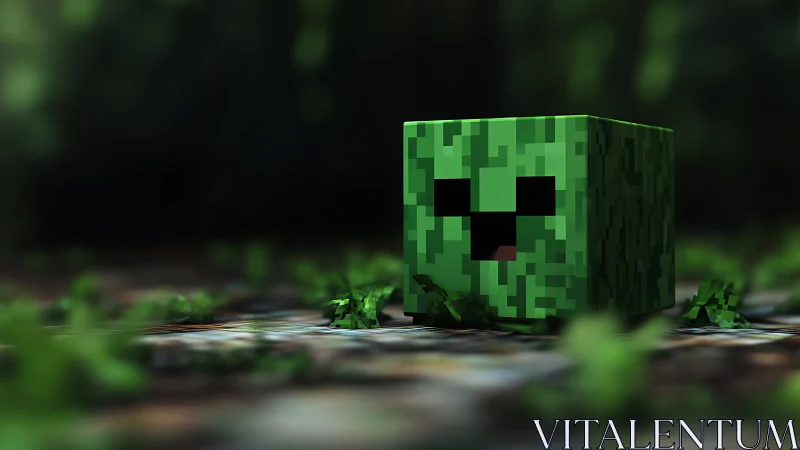 Voxel creeper head in shallow depth-of-field forest scene.