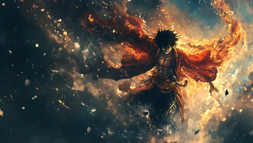 Male anime fighter in fiery cloak amid glowing debris field.