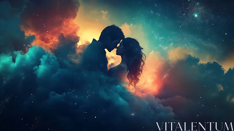 Cosmic Embrace: Silhouetted Kiss Against Nebular Sky.