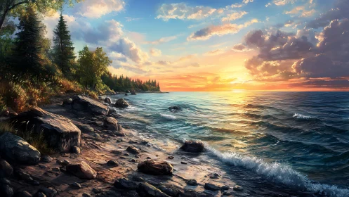 Sunlit rocky lakeshore with wave dynamics at sunset horizon