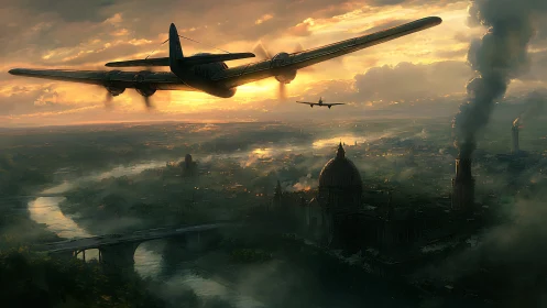 Golden-hour airships gliding above a misty twilight city.