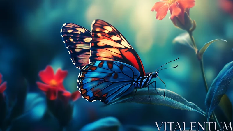 Vibrant blue butterfly rests on leaf under soft garden light