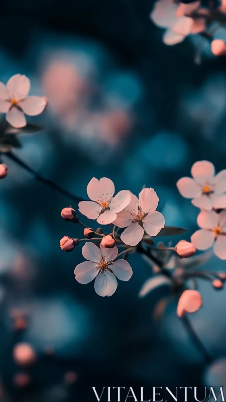 Cherry blossoms blooming against teal twilight backdrop.