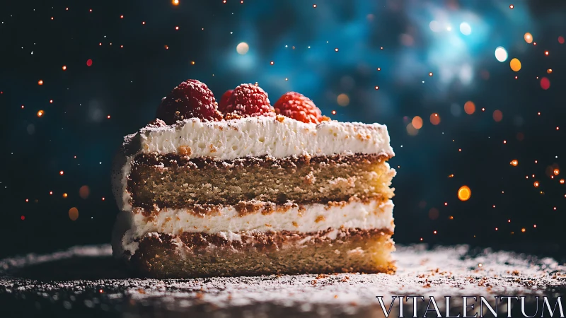 Layered Cake Slice with Raspberries Against Bokeh Lights.