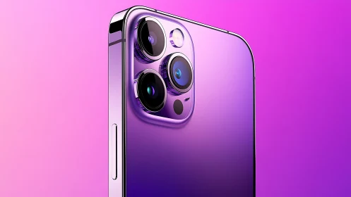Purple gradient phone with triple-lens camera system gleaming.