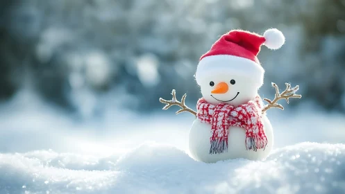 Small snowman figure wears red hat and scarf in snow