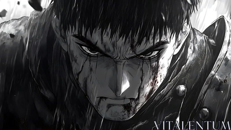 High-contrast anime close-up of battle-worn warrior face.