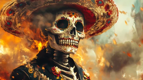 Flaming calavera mariachero amid particulate combustion haze.
