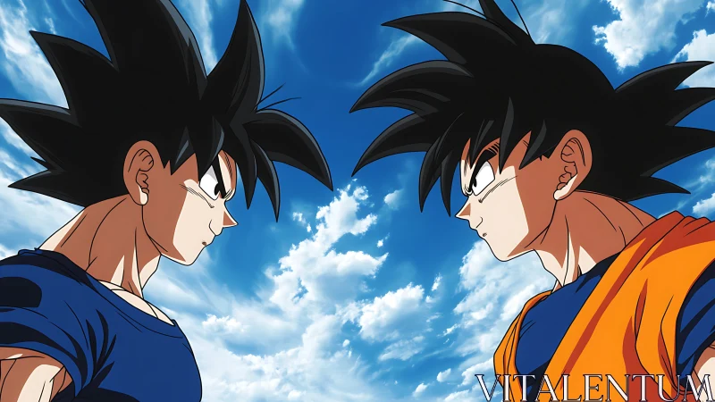 Standoff of twin warriors beneath dramatic blue skies.