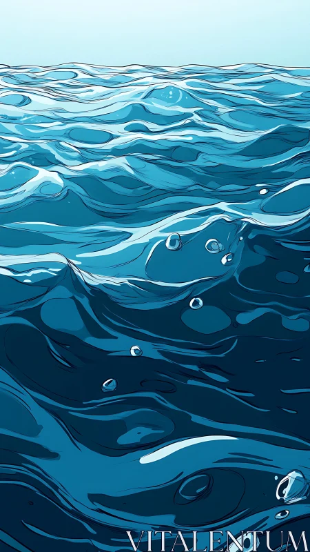 Digital painting of rolling ocean waves with stylized contours.