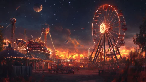 Digital painting of nocturnal cosmic carnival with ferris wheel.