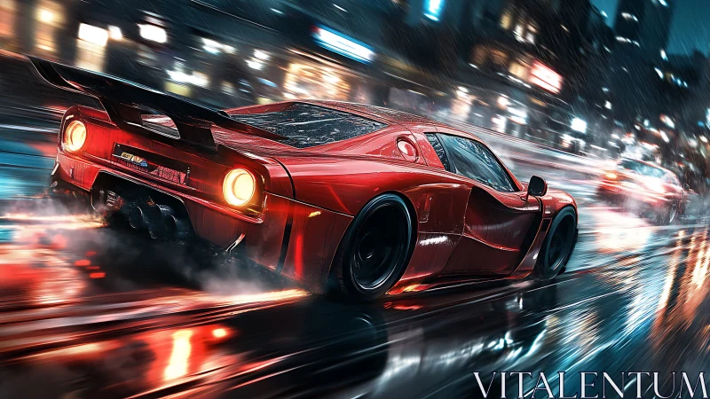 Digital painting of red hypercar on neon-soaked night streets.