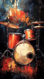 Expressive drum kit rendered with dynamic splatter brushwork and contrast