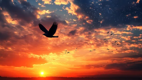 Silhouette of birds flying at sunset with dramatic colorful sky.