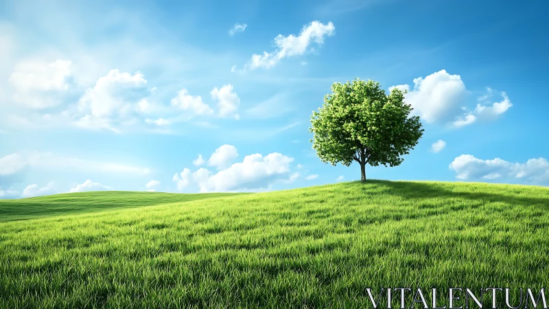 Lone green tree on bright grassy hill under blue sky.