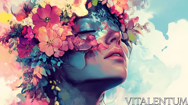 Floral daydream portrait blooming into painted sky.