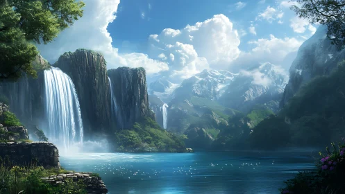 Waterfall cliffs above lake with distant snowy mountains.