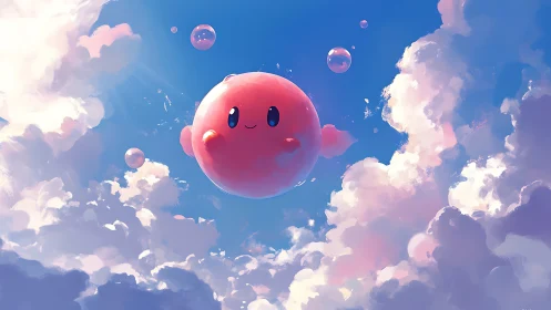 Cheerful pink sky friend drifting among dreamy clouds.