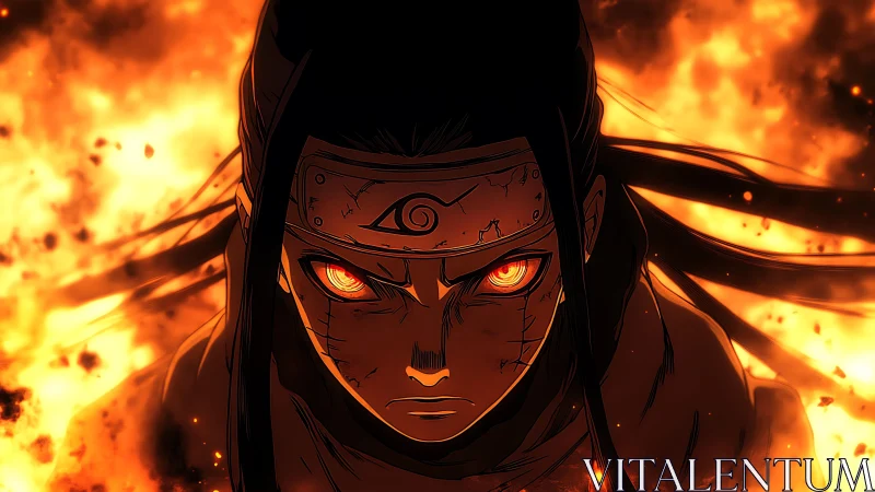 Fiery ninja warrior with glowing eyes amid raging inferno.