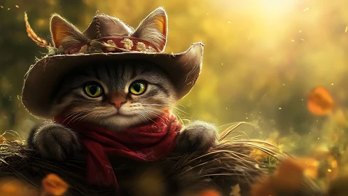 Cat Cowboy Portrait with Western Hat and Red Bandana