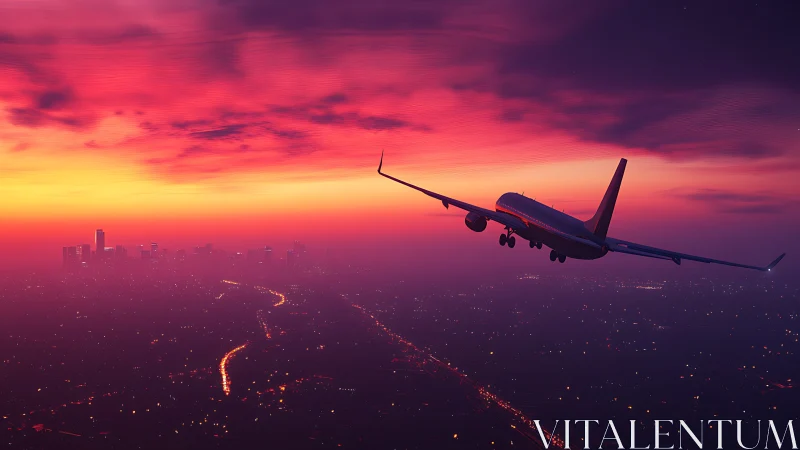 Glowing sunset sky welcomes a jetliner over the city lights