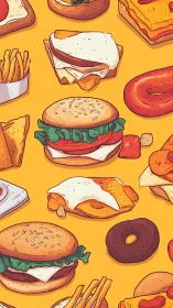 Cartoon fast food pattern repeats across bright yellow background