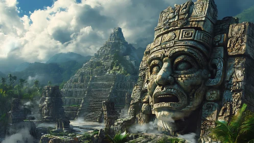Ancient jungle temples with giant weathered stone face.