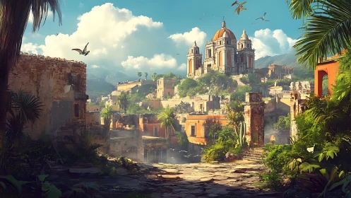 Sunlit hilltop basilica above lush tropical ruins.