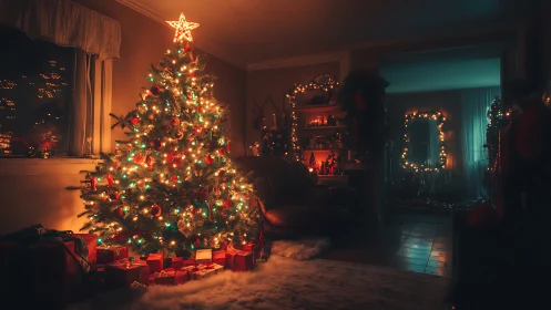 Midnight Christmas tree quietly conducts a room of warm light