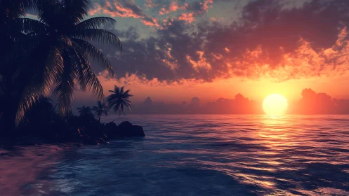 Digital seascape renders sun setting beyond tropical coastline