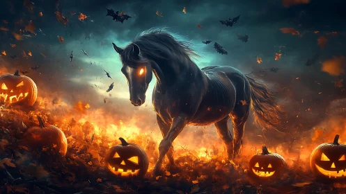 Ember-eyed nightmare horse strides through laughing pumpkins