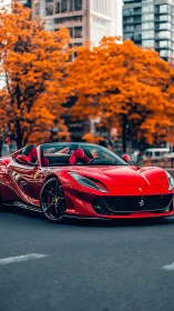 Red supercar convertible dominates autumn urban streetscape