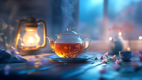 Steaming glass teapot glows softly in blue evening light.