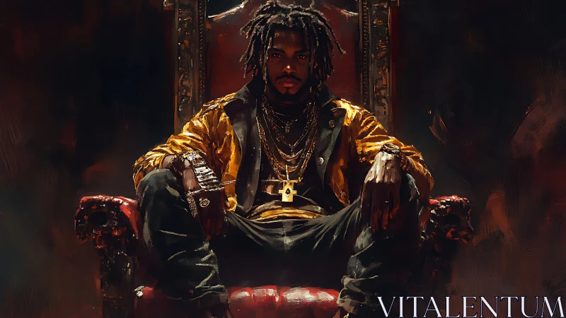 Urban monarch on crimson throne in dramatic chiaroscuro.