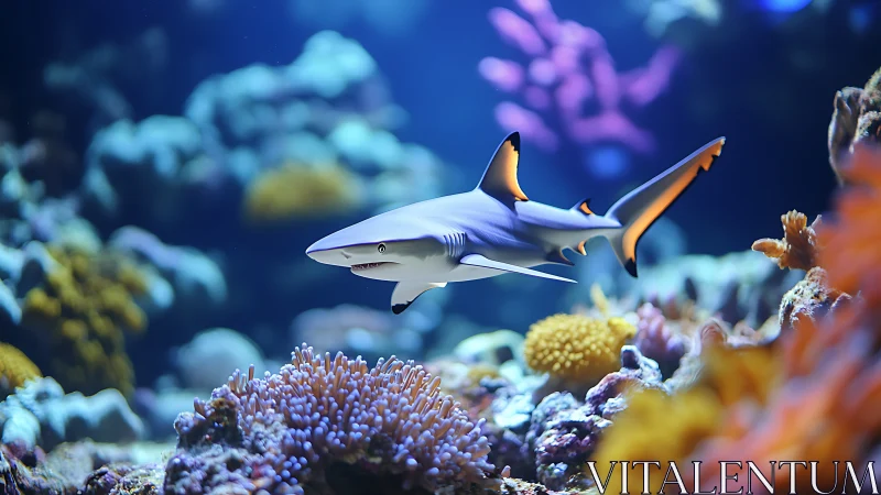 Reef shark glides through vivid coral garden in blue water.