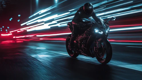 Night rider leans into neon city speed and glowing motion.