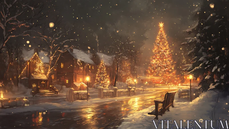 Snowlit village avenue crowned by a glowing Christmas giant.