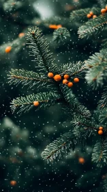 Snow dusts evergreen branch carrying vivid orange berries
