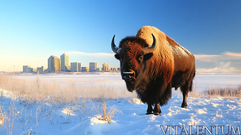 Massive winter bison in sharp foreground against distant skyline