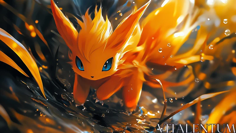Fiery fox-like creature moves through reflective liquid surface