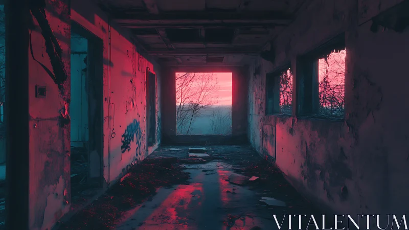 Derelict hallway lit by intense pink sunset sky glow.