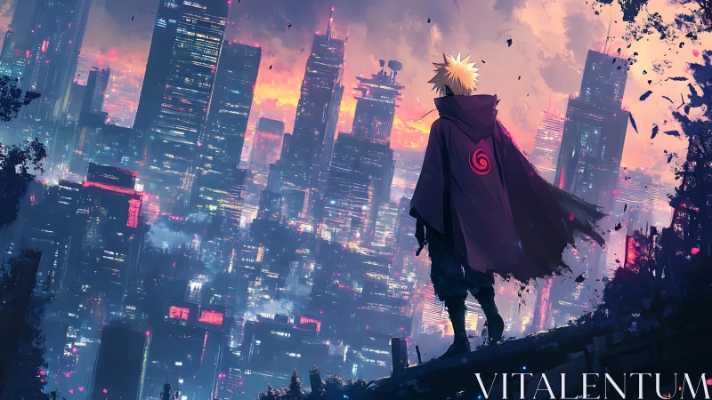 Cloaked anime wanderer overlooking neon cyber cityscape.