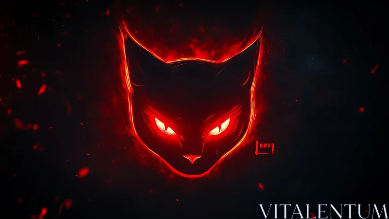 Glowing red feline head silhouette on dark abstract field.