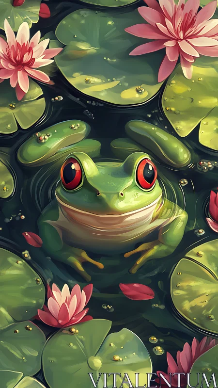 Bright-eyed pond frog resting among dreamy water lilies.